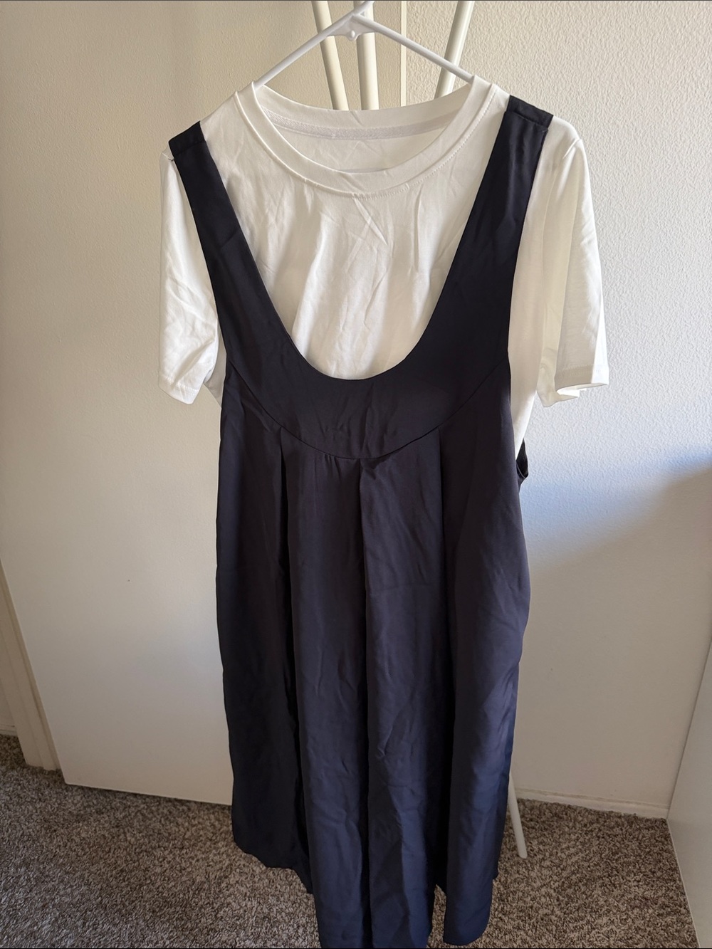 Black Pinafore Dress over White Tee